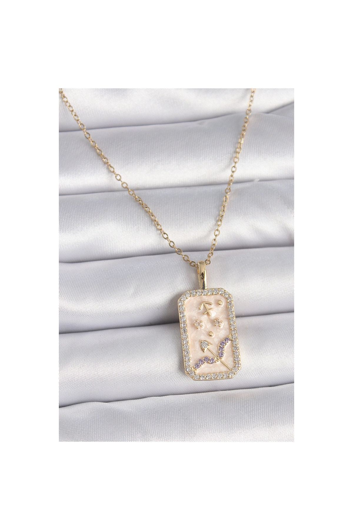 Narnuga 316L Çelik Gold Renk Zincir Yay Burcu Zirkon Taşlı Kadın Kolye - TJ-BKO9464