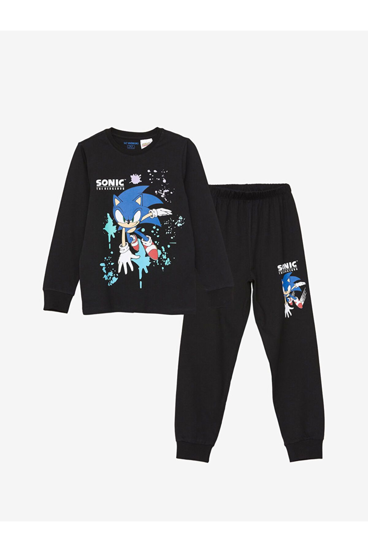 LC Waikiki-Lcw Kids Black Crew Neck Sonic Printed Long Sleeve Boy Pajamas Set 1