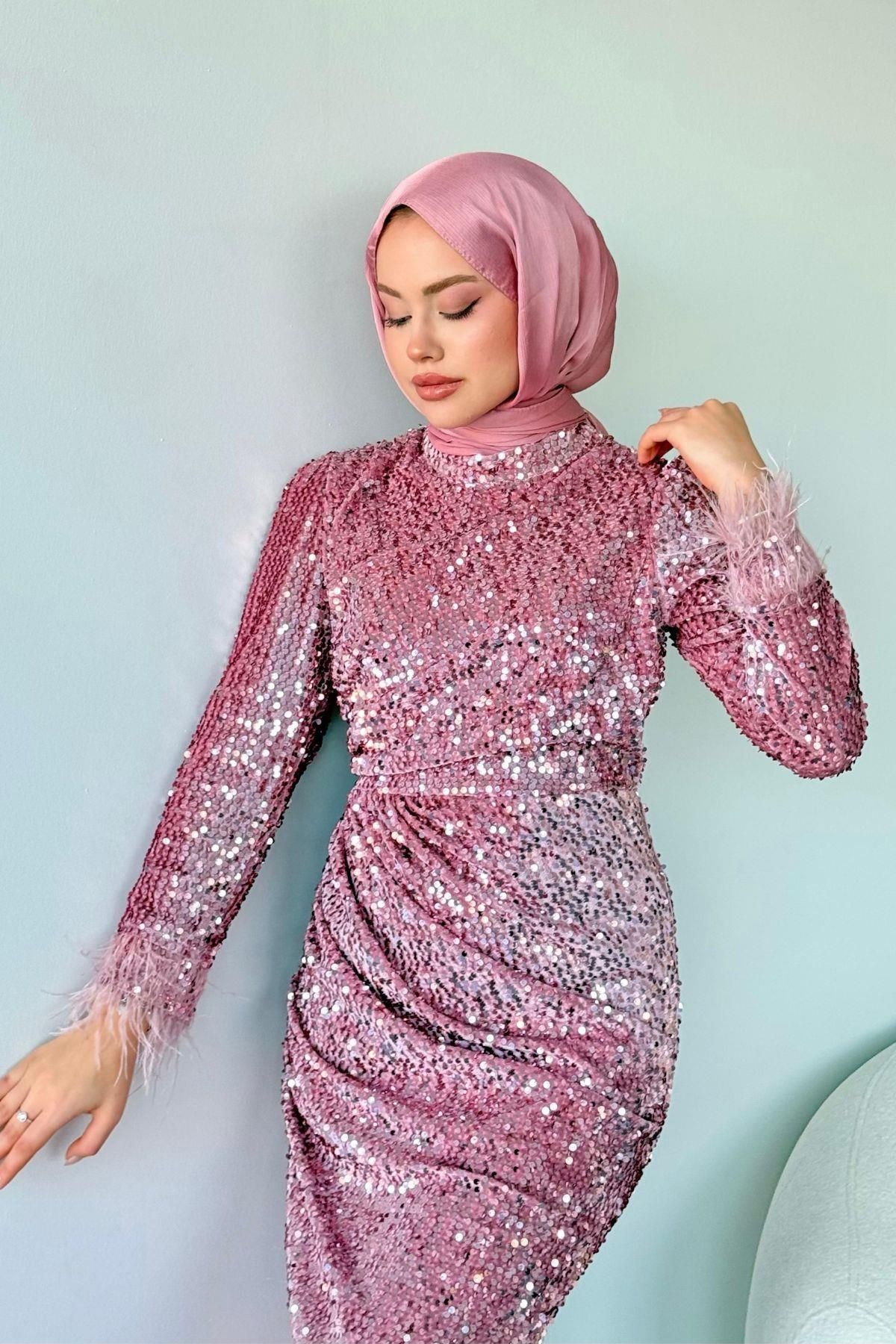 HAZA MODA-Pink Duru Sequin Evening Dress 2