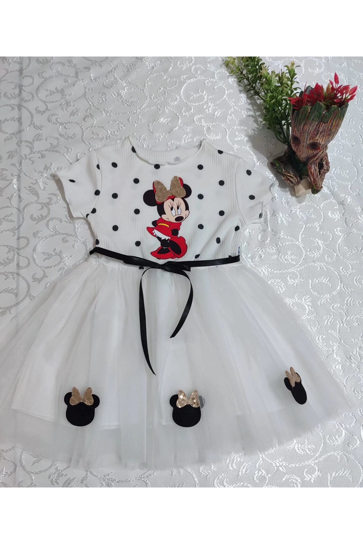 Mea Capio-Mickey Printed White Baby Girl Tutu Dress - Polka Dot, Ribbon and Belted 3