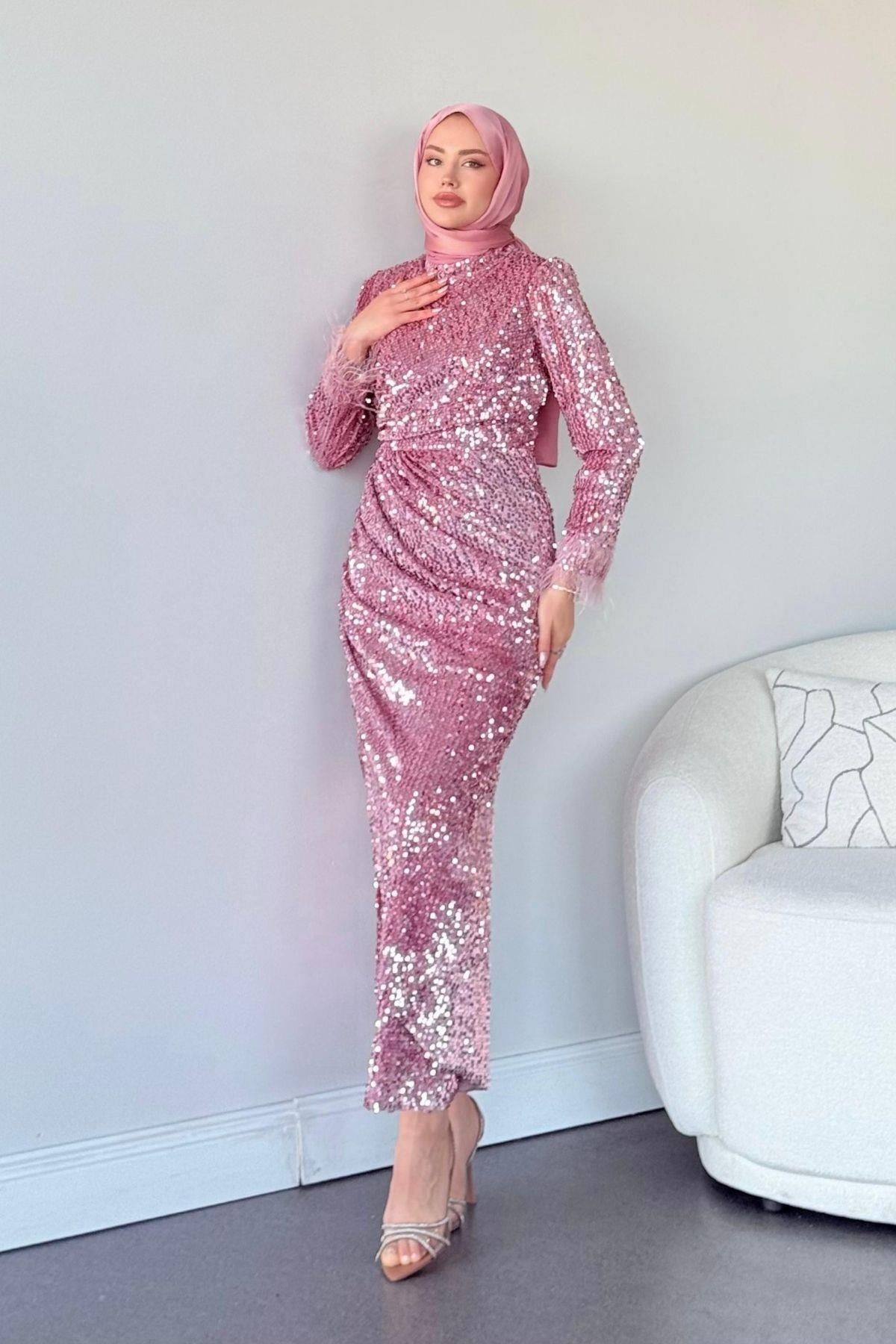 HAZA MODA-Pink Duru Sequin Evening Dress 1