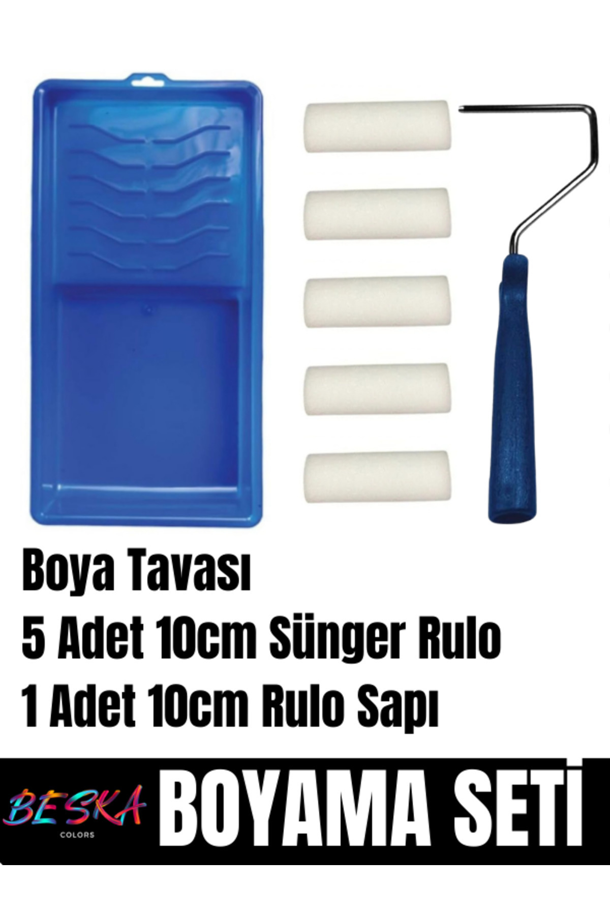 BESKA Hobi Boyama Seti | 5 Adet Sünger Rulo | Boya Tavası | Rulo Sapı
