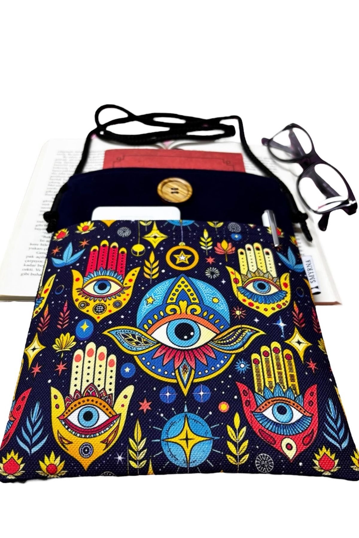 Smyrna-Hanging - Book / Tablet / Ebook Bag - Removable Strap (Hamsa, Eye, Color) 3