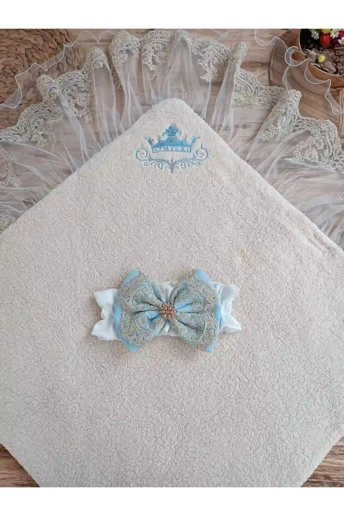 SİMULACRA-Newborn Lamb Crown Embroidery Guipure Bow Veiled Prism Stone Unisex Swaddle Baby Blanket Blue 4