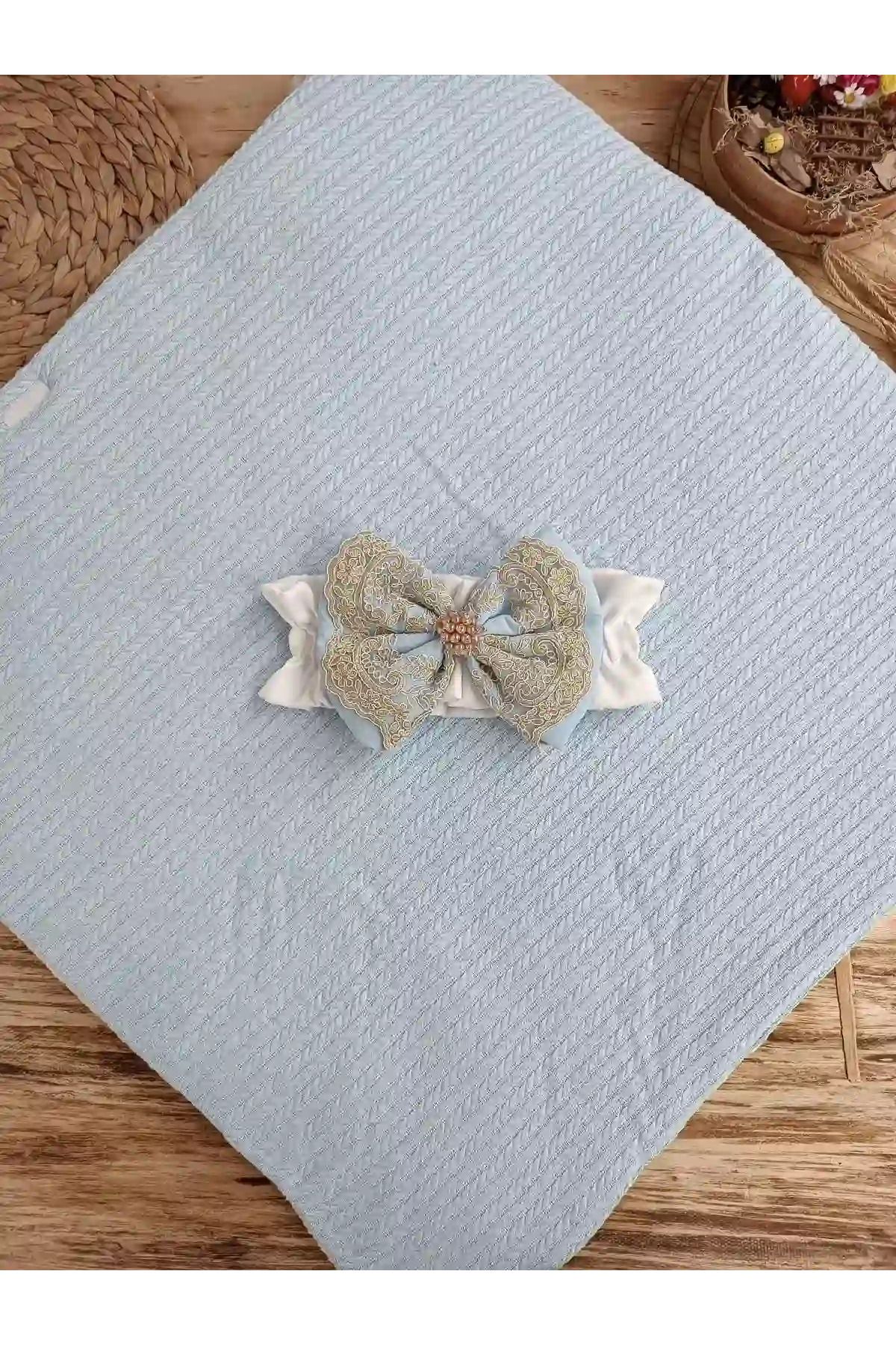 SİMULACRA-Newborn Lamb Crown Embroidery Guipure Bow Veiled Prism Stone Unisex Swaddle Baby Blanket Blue 5