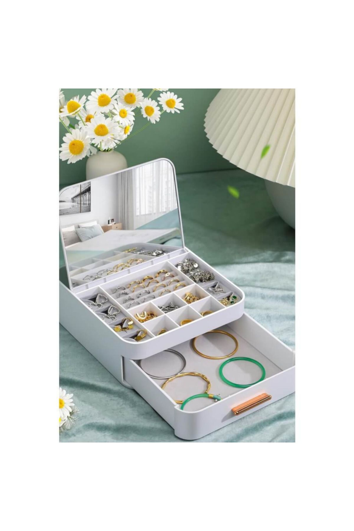 EVİMOL-Evimol Multi-Compartment Makeup Jewelry Organizer with Drawers and Mirror (20X22 & H:8.5Cm) 5