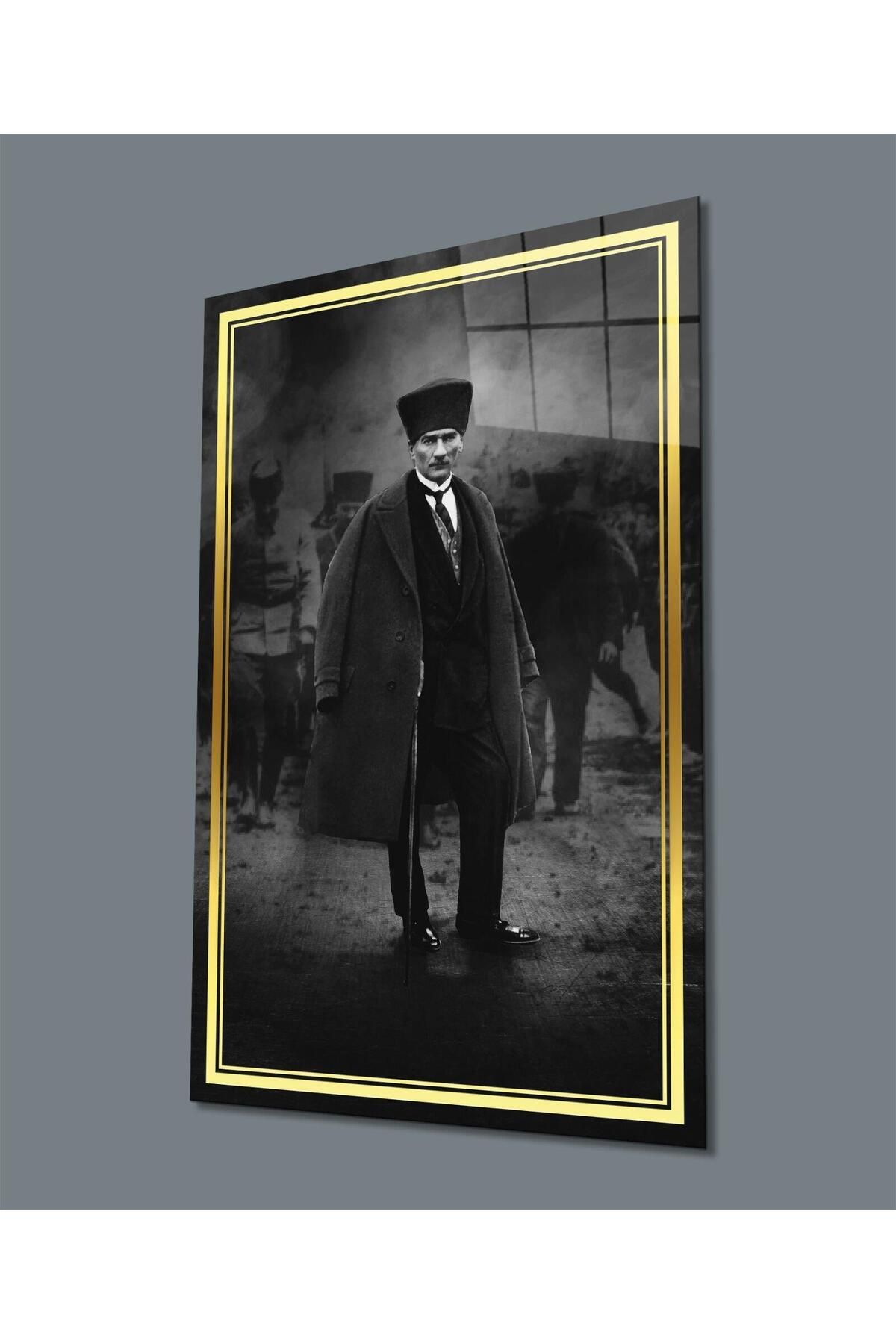 idealizbiz Atatürk Portre Siyah Beyaz Dikey Cam Tablo Hediyelik Büyük Tablo Ev Ofis Dekoru