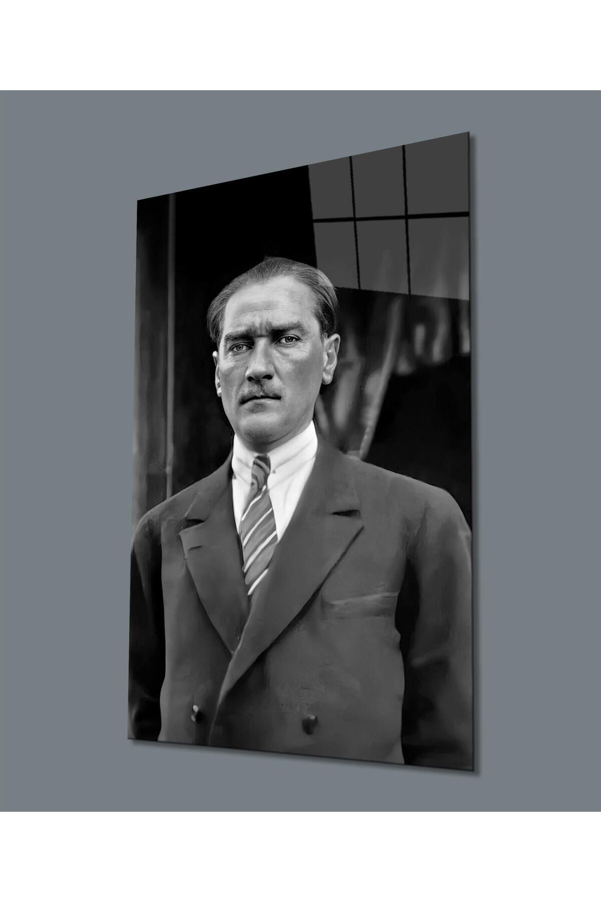 idealizbiz Atatürk Portre Siyah Beyaz Cam Tablo Hediyelik Büyük Tablo Ev Ofis Dekoru
