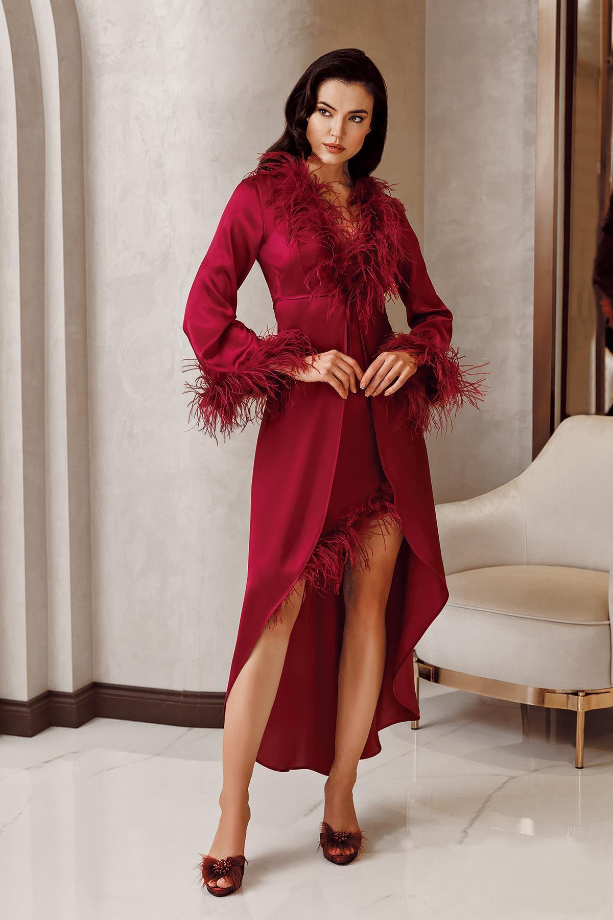 İmaj İmaj 4225 Bordo Renk Saten Otrişli Uzun 2li Gecelik Takımı