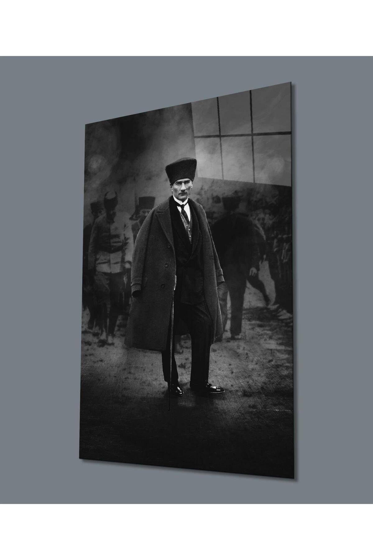 idealizbiz Atatürk Portre Dikey Siyah Beyaz Cam Tablo Hediyelik Büyük Tablo Ev Ofis Dekoru