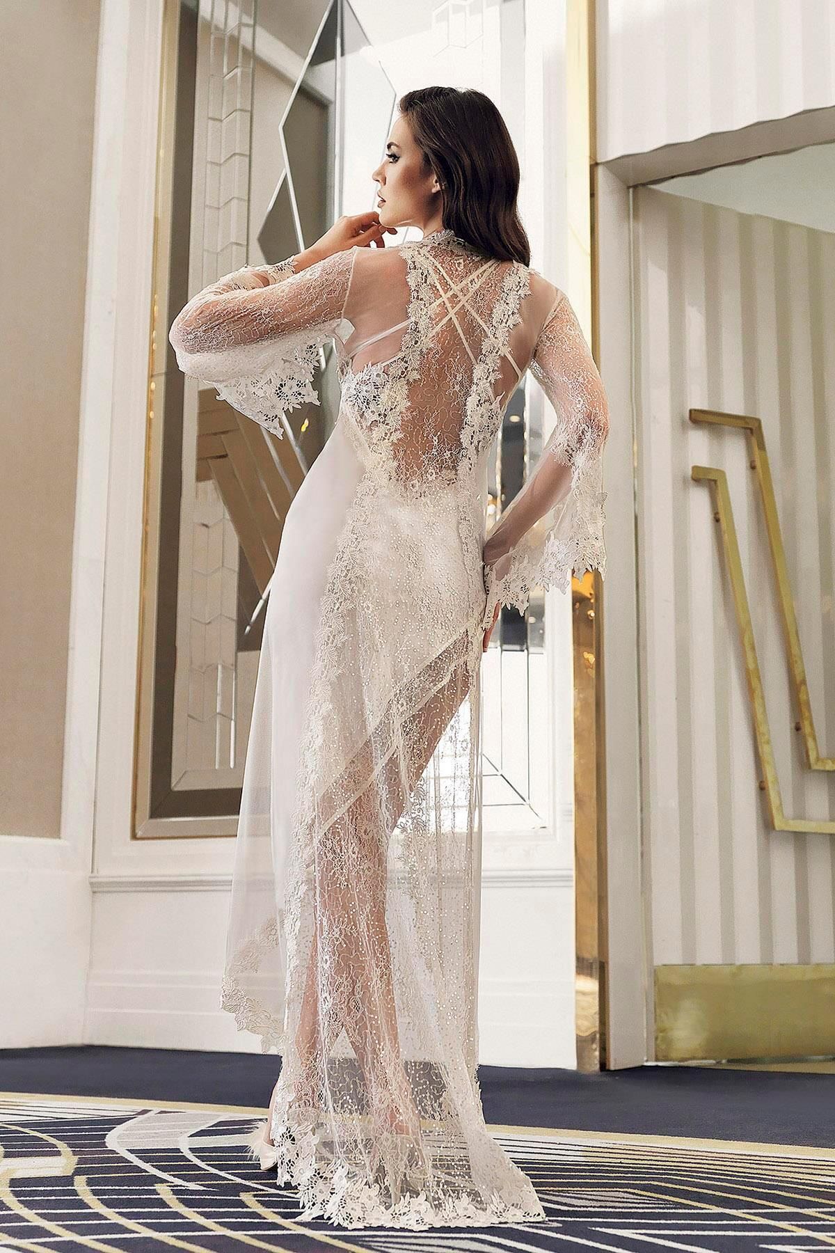 İmaj-5200 Model Satin Ecru Nightgown and Dressing Gown Set 2