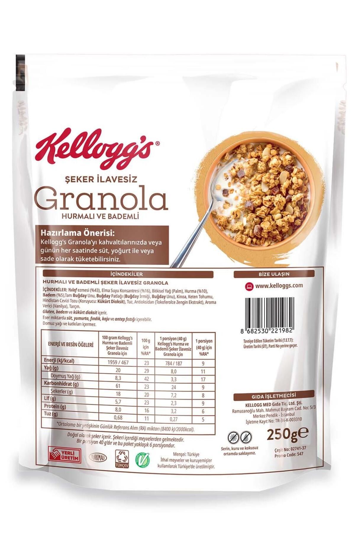 Kellogg's-250 جرام جرانولا غير مضاف - مع التمر واللوز، يحتوي على 43% شوفان، مصدر ألياف 6