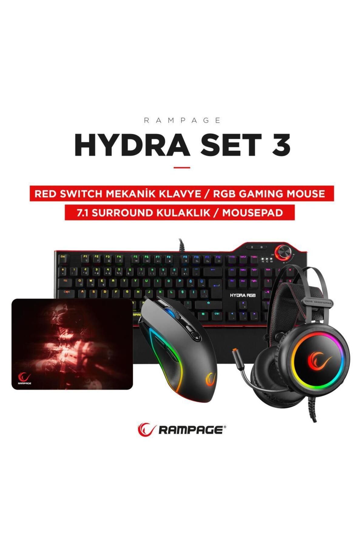 Rampage Hydra R6 Siyah Red Switch Stormy Siyah Kulaklık Makrolu Rgb Mouse Mousepad 4lü Oyuncu Set