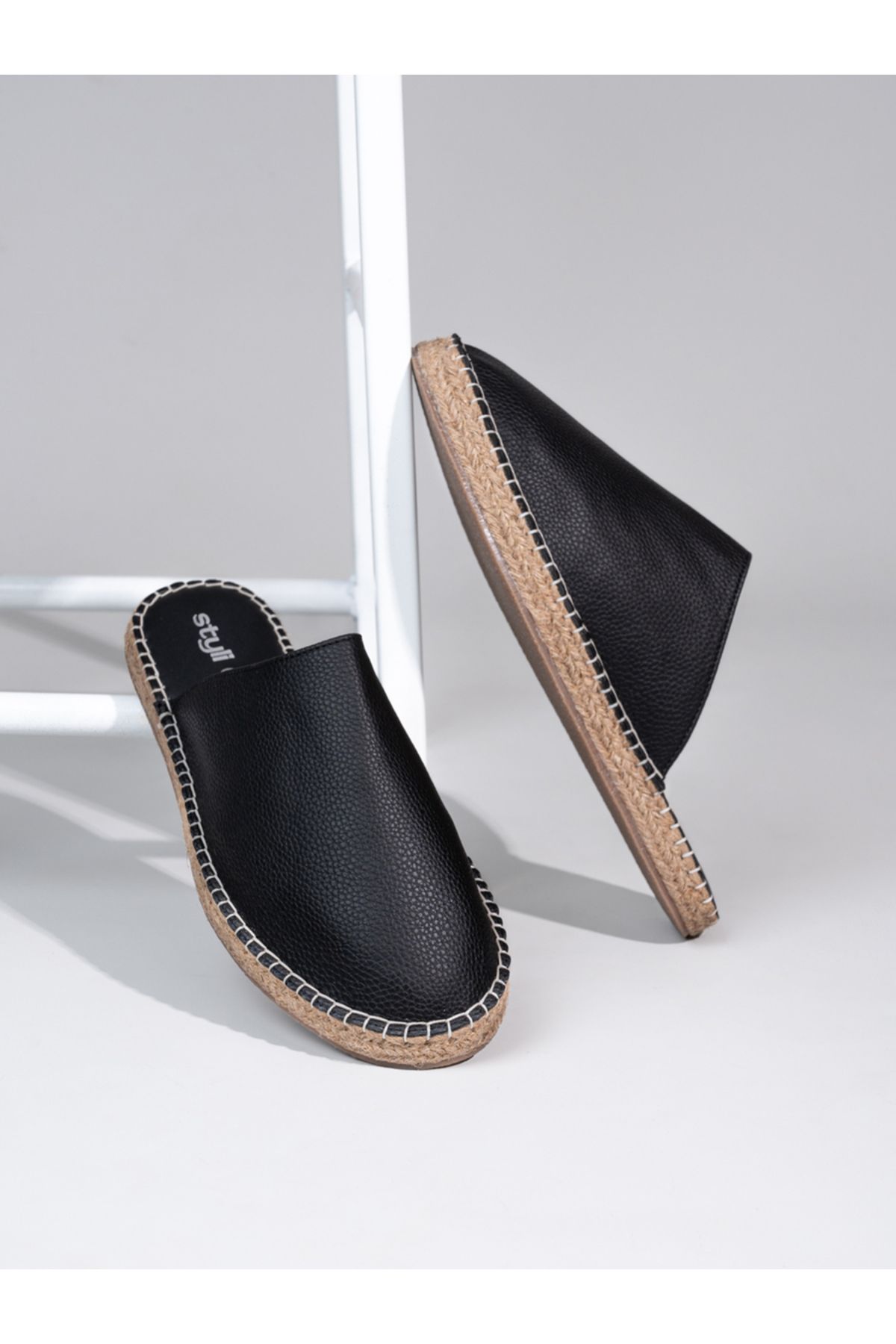 Styli-Textured Faux Leather Espadrille Mules 1