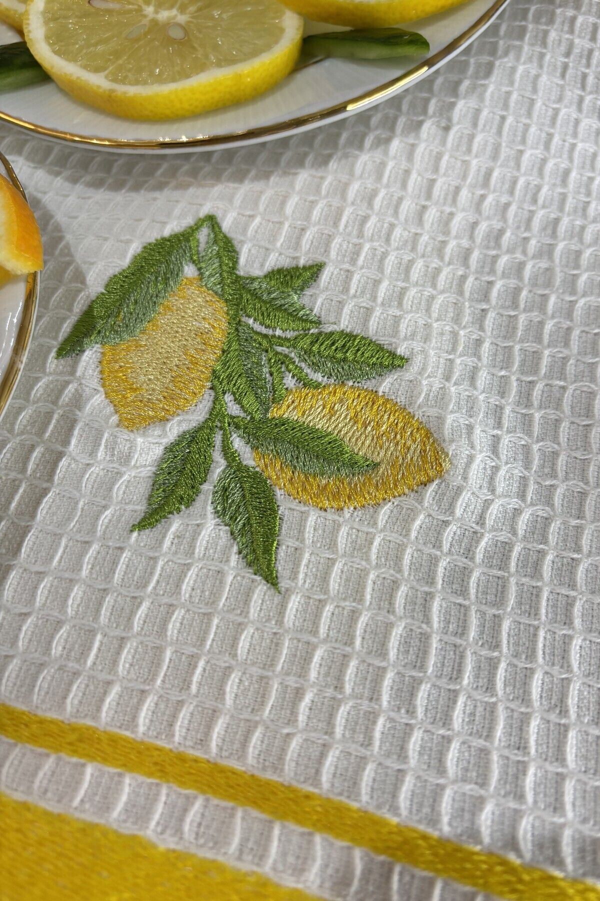 Sevim-Set of 2 Kitchen Towels with Yellow Color and Lemon Figures - Soft and Embroidered Cloth 7