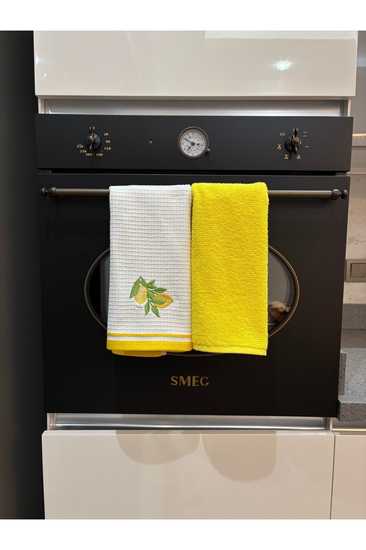 Sevim-Set of 2 Kitchen Towels with Yellow Color and Lemon Figures - Soft and Embroidered Cloth 5