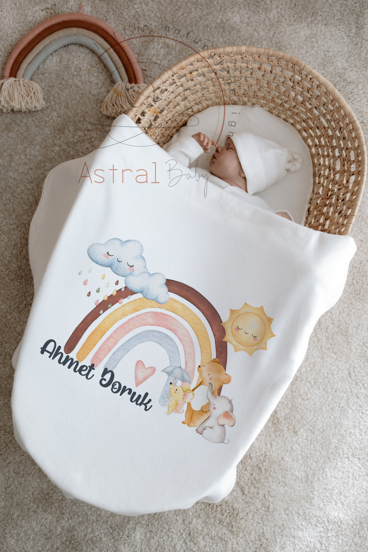 Astral Baby İsimli %100 Organik Pamuk 12'li Hastane Çıkışı Gökkuşağı Bulut Ve Hayvanlar fotoğrafı 4 (önizleme)