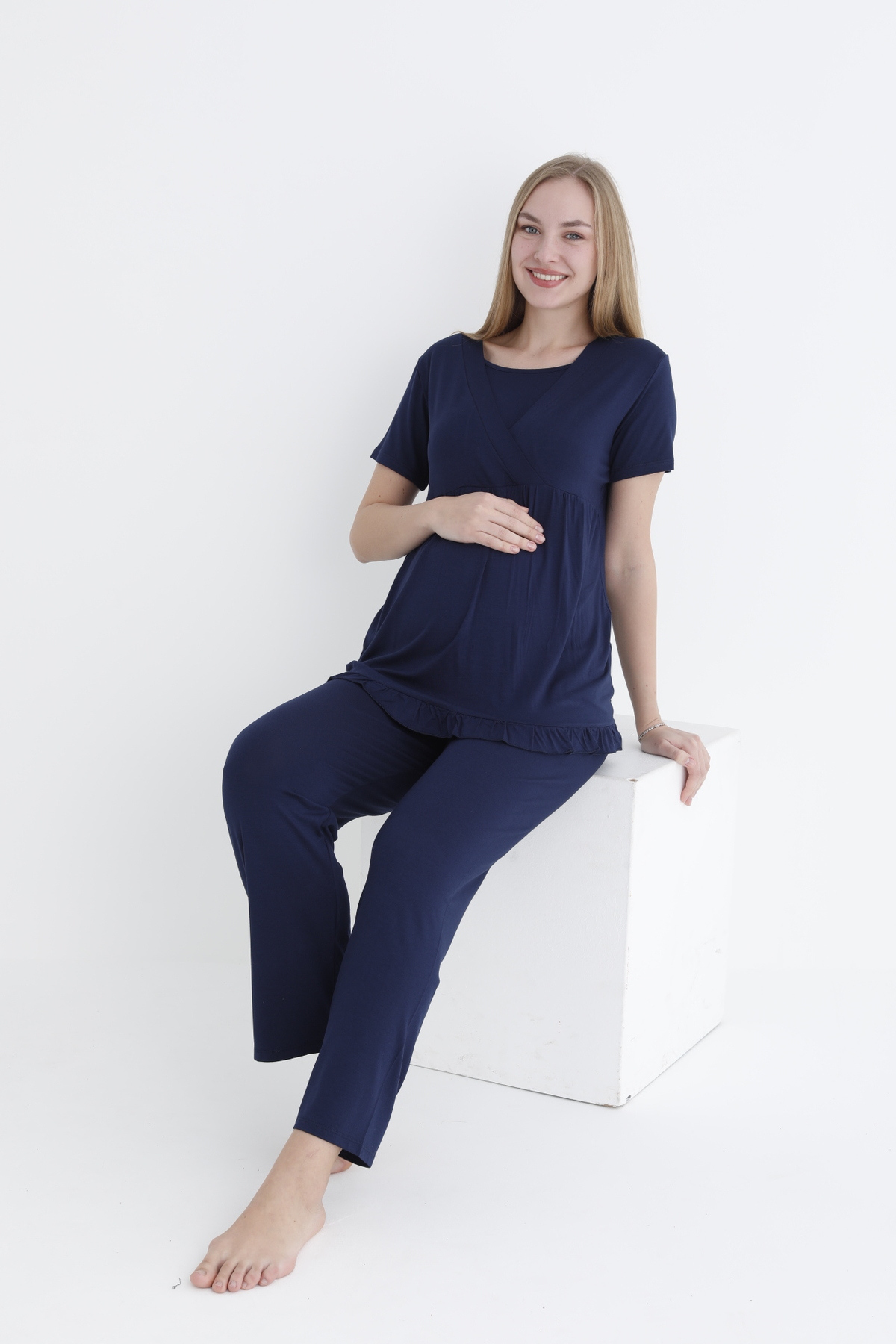 Miss Dünya Lissa Sabahlıklı Fırfır Detaylı Kısa Kol Emzirmeye Uygun Hamile ve Lohusa Pijama Takımı fotoğrafı 5 (önizleme)