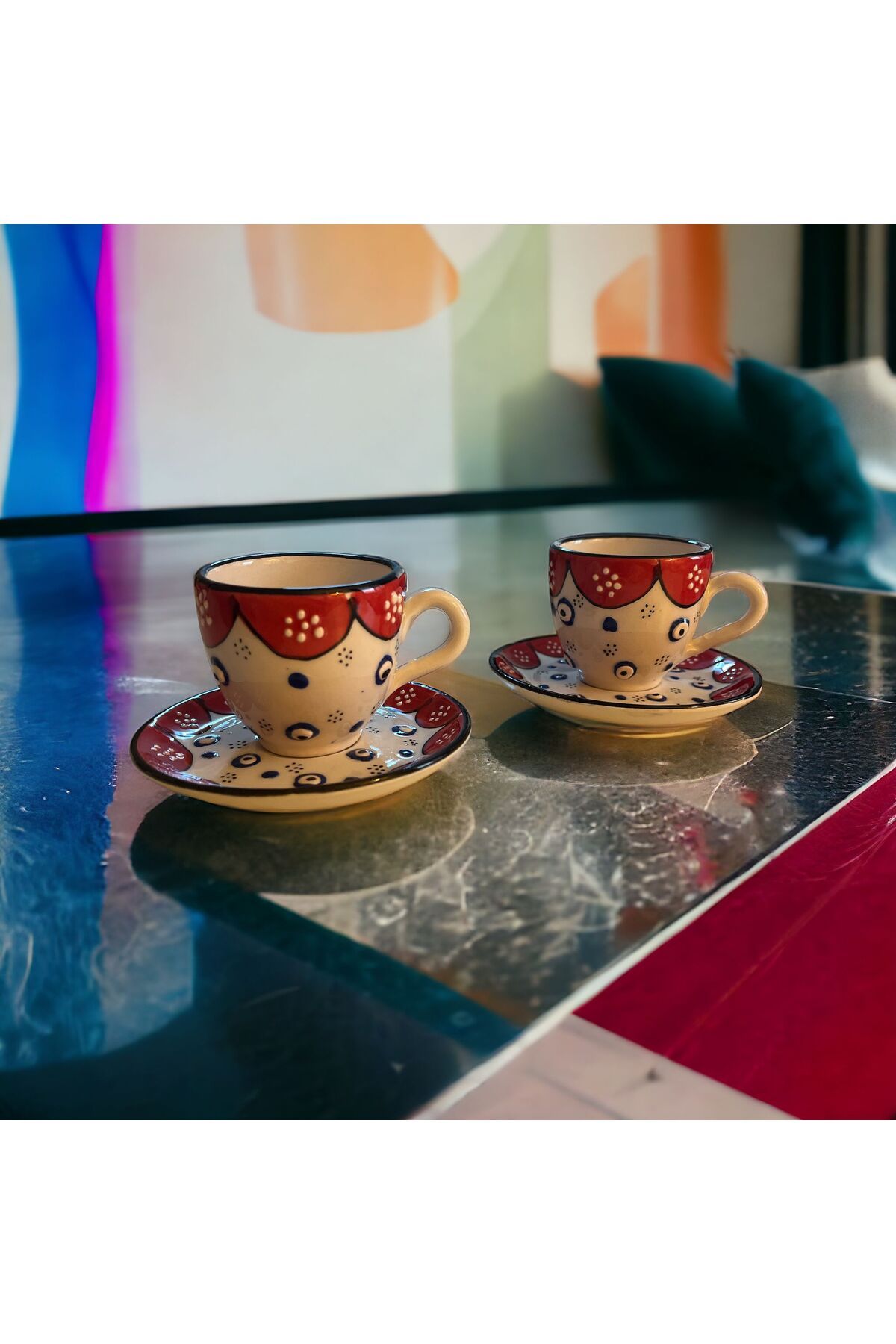 WPAWZ-Handmade Red White Evil Eye Bead Pattern Ceramic Cup Set - Turkish Coffee Set for 2 8