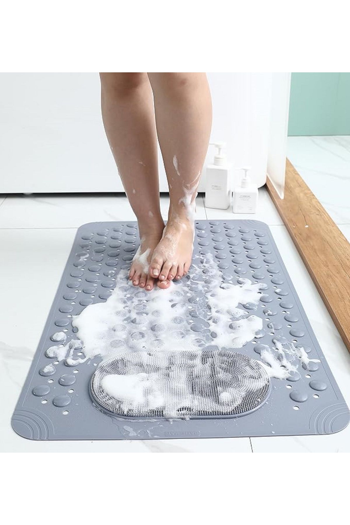 MAİN SHOP-1 Piece Grey Silicone Bath Mat - with Shower Anti-Slip and Suction Cup, Anti-Slip Base 36X69.5 cm 3