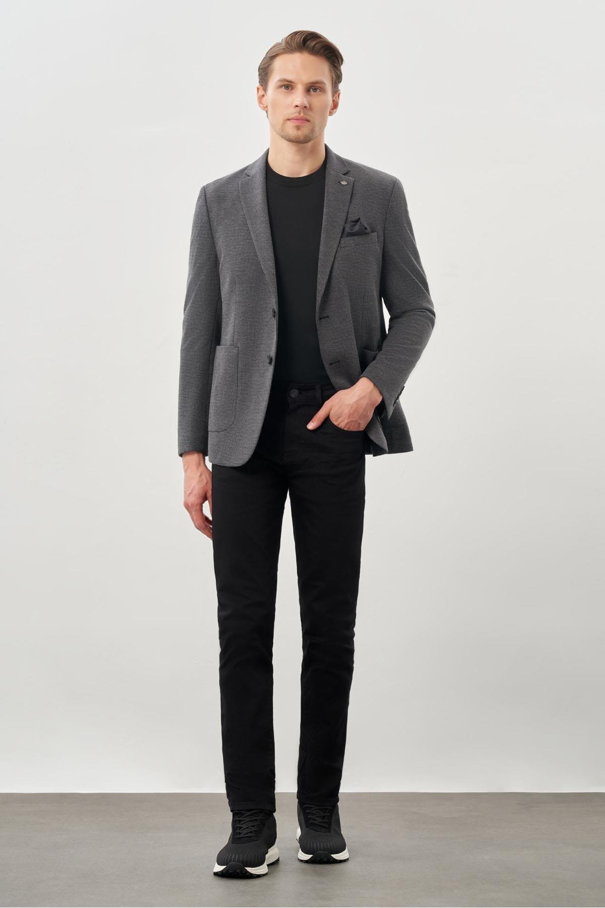 İmza  Siyah Kazayağı Desen Örme Mono Yaka 2 Düğme 6 Drop Slim Fit Classic Ceket 1002245166_001 - Görsel 2