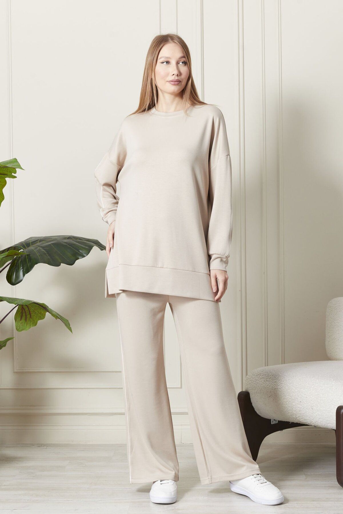 soBasic-Beige Color Modal Long Length Crew Neck Elastic Waist Detailed Wide Leg Tracksuit Set - L 2