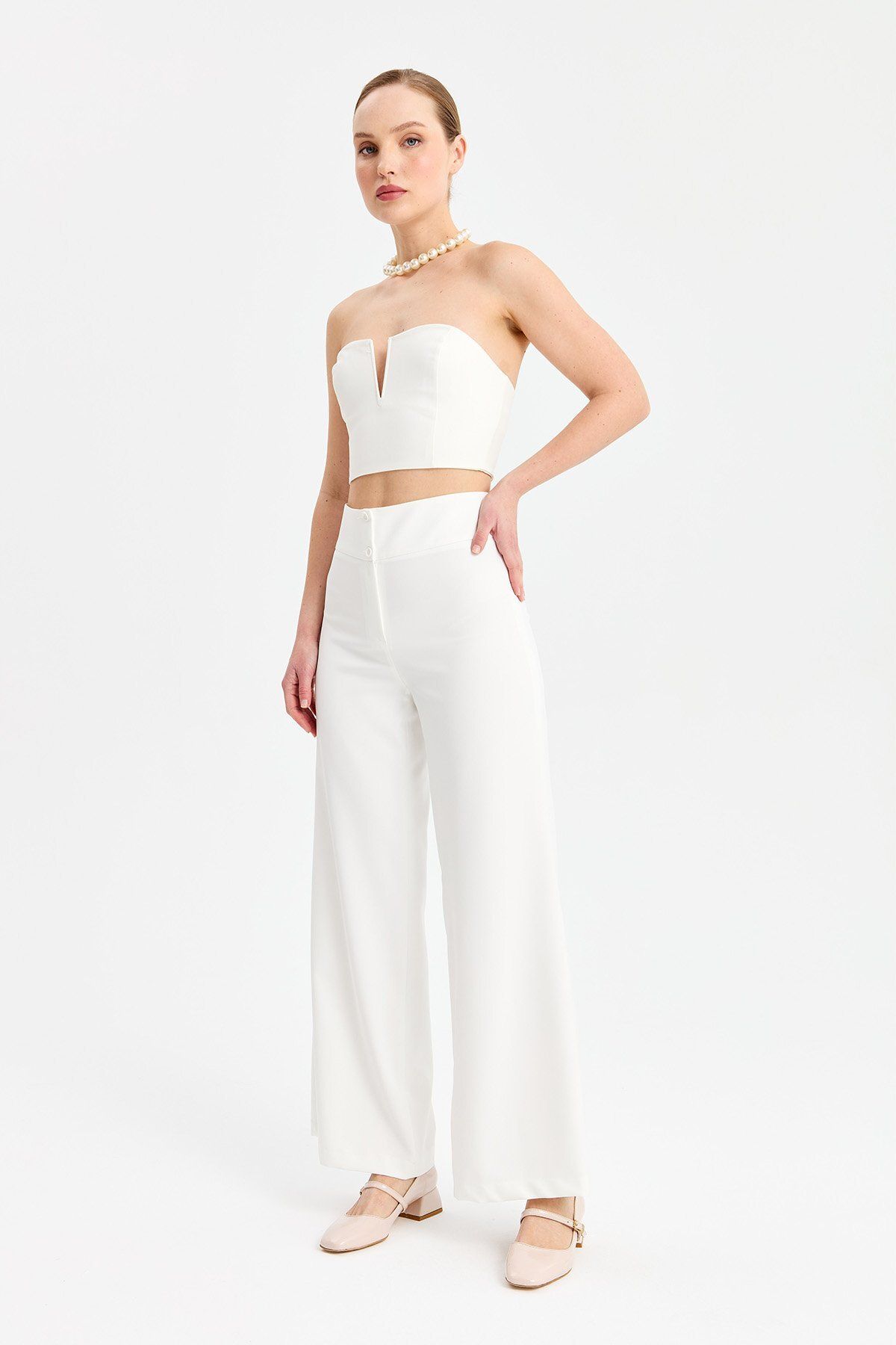 TUİS-High Waist Wide Leg Trousers - White 1