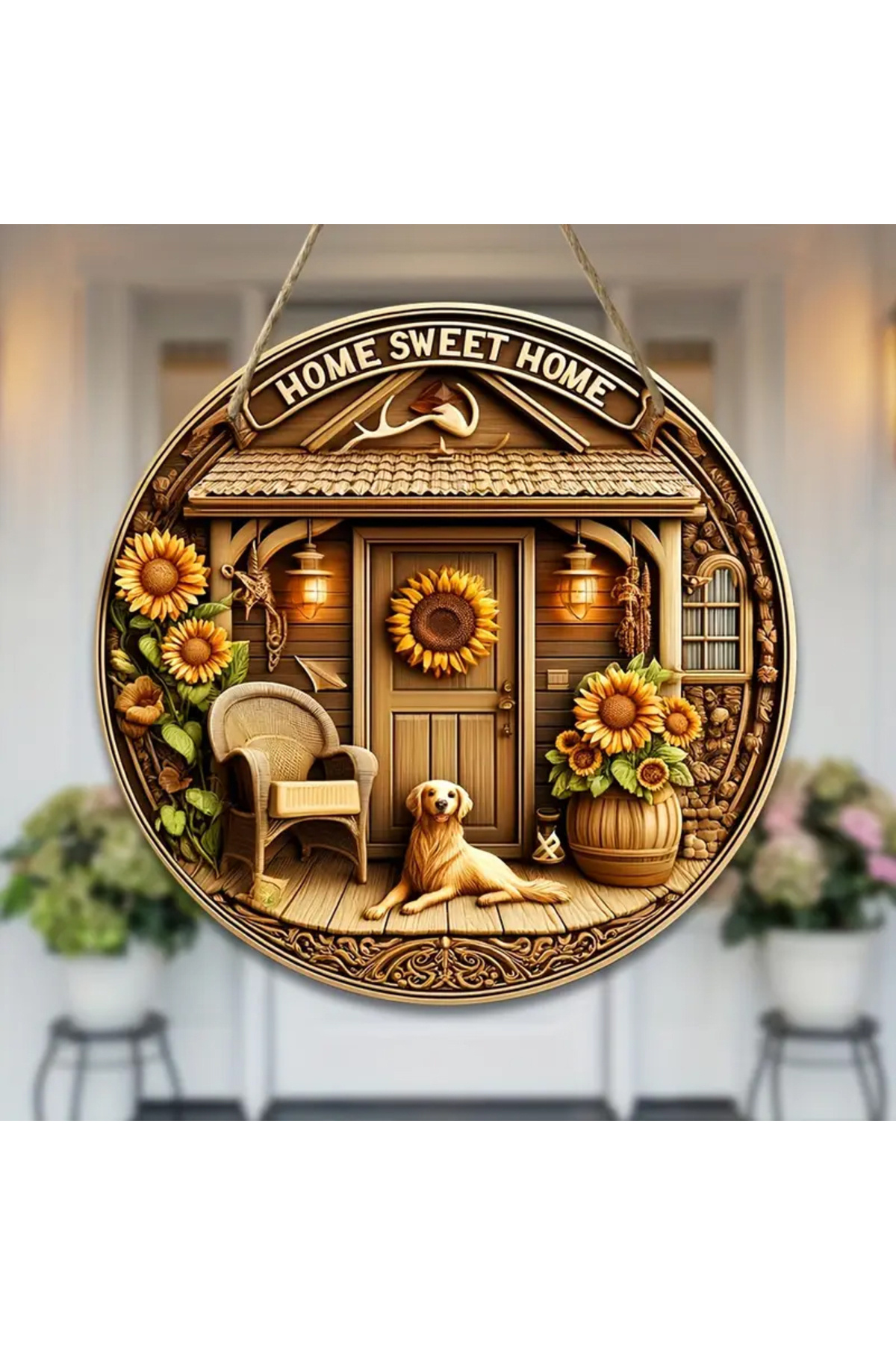 Ahşap Ayçiçeği ve Köpek Desenli Kapı Süsü Ev Dekorasyonu 3
