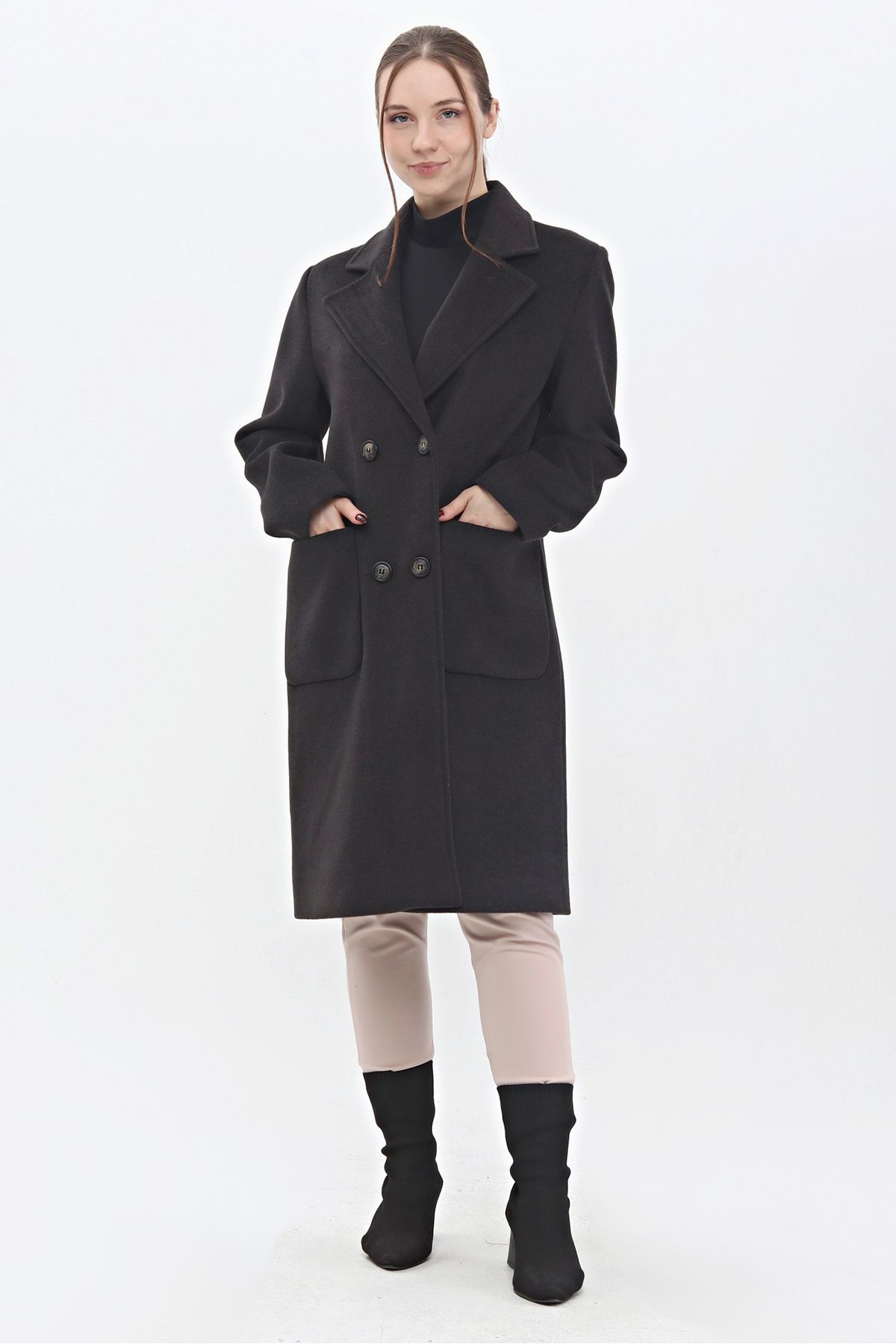 Veger-Anthracite 3440 Model Wool Stamp Women's Coat - Double Pocket Detail 4