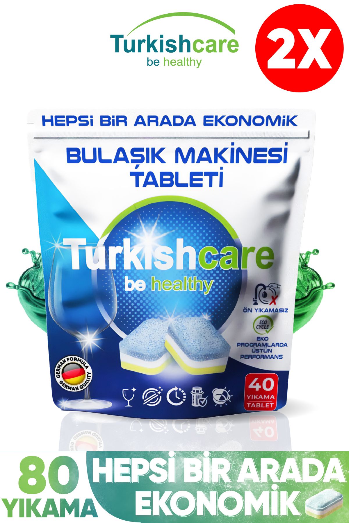 Turkishcare 2 Paket Premium Ekonomik Bulaşık Deterjanı 80 Tablet