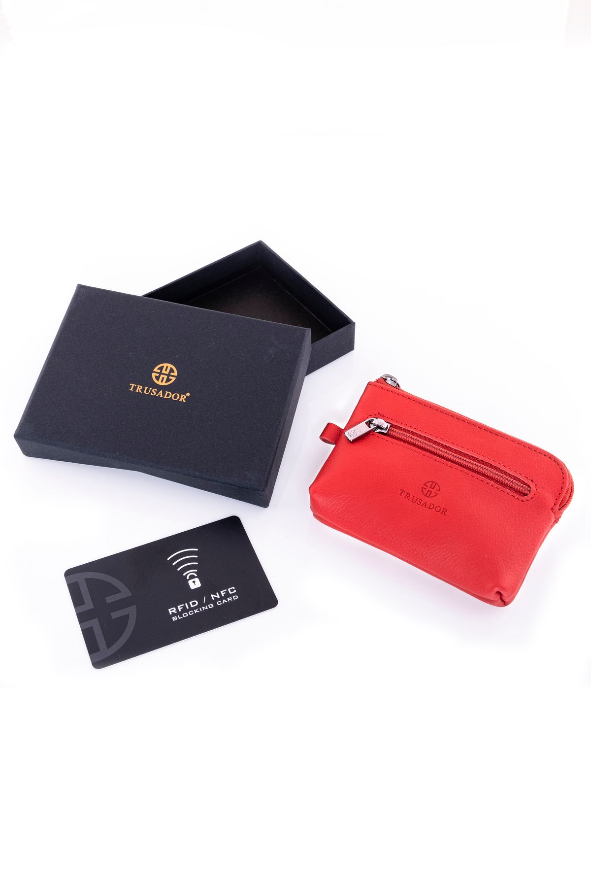 کیف پول زنانه MILANO RED ZIPPERED MINI SIZE WALLET LEAINE چرمی RFID KEYCHAIN محافظت شده Trusador