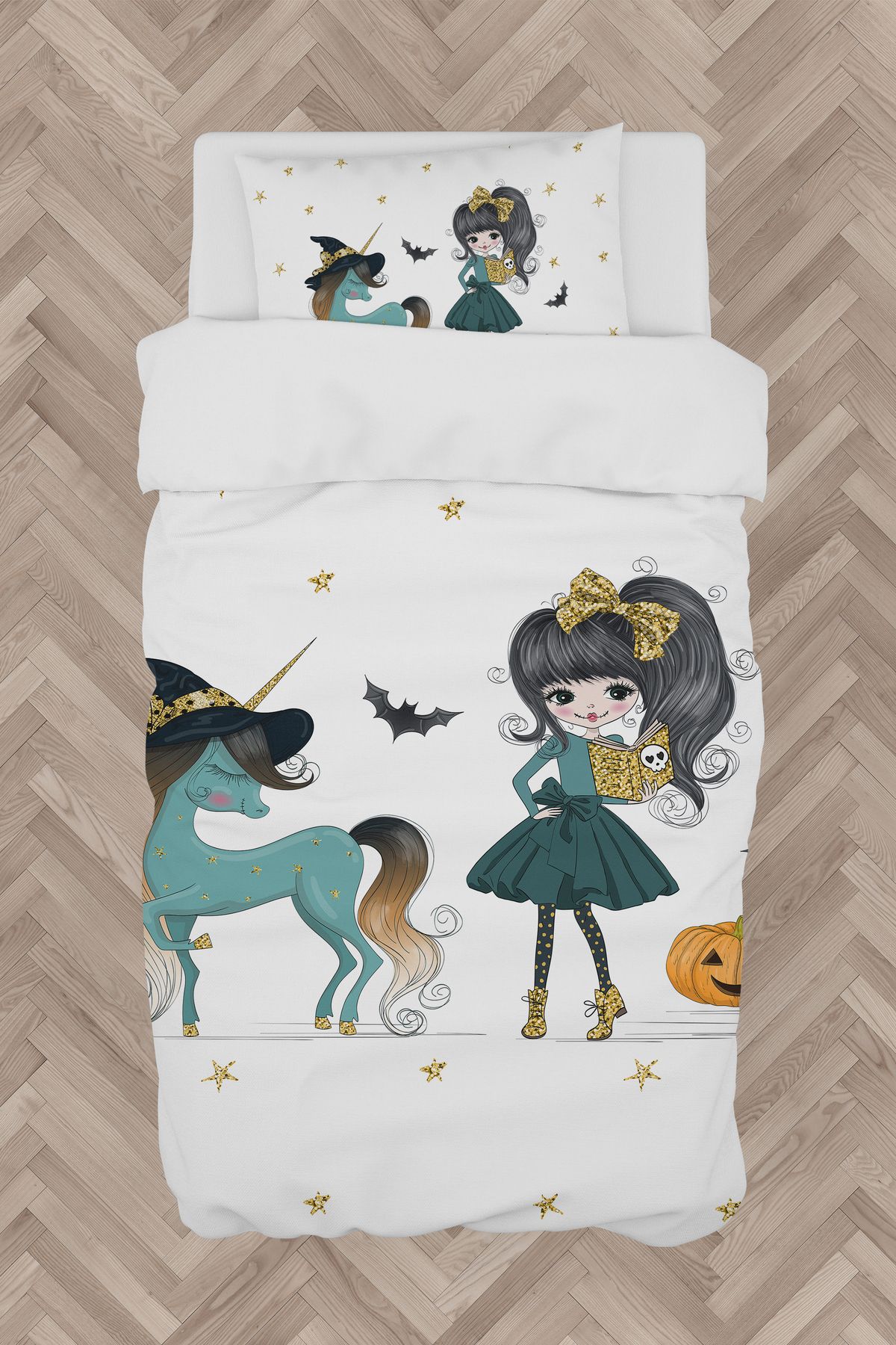 BAMBAŞKA MODA-Unicorn Patterned Honey Pumpkin Bedding Set - Bmn-8255 1