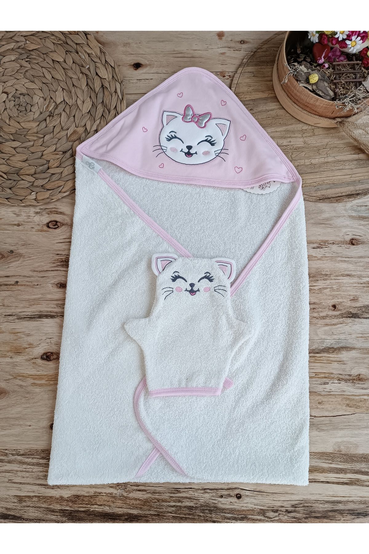 BİGÜMEX Kedi Nakışlı & Başlıklı Bebek Banyo Havlusu - Yumuşak & Su Emici Bebek Havlusu - %100 Pamuklu