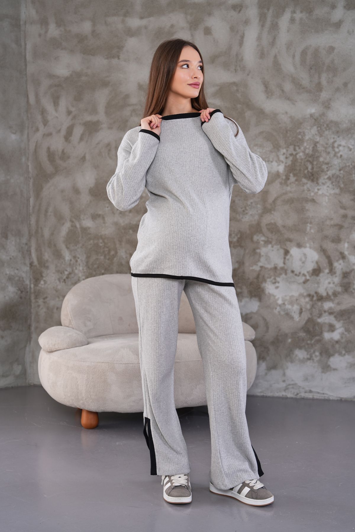 Miss Dünya Lissa-Maternity and Maternity Neck and Leg Stripe Soft Fabric Long Sleeve Tracksuit Set 2