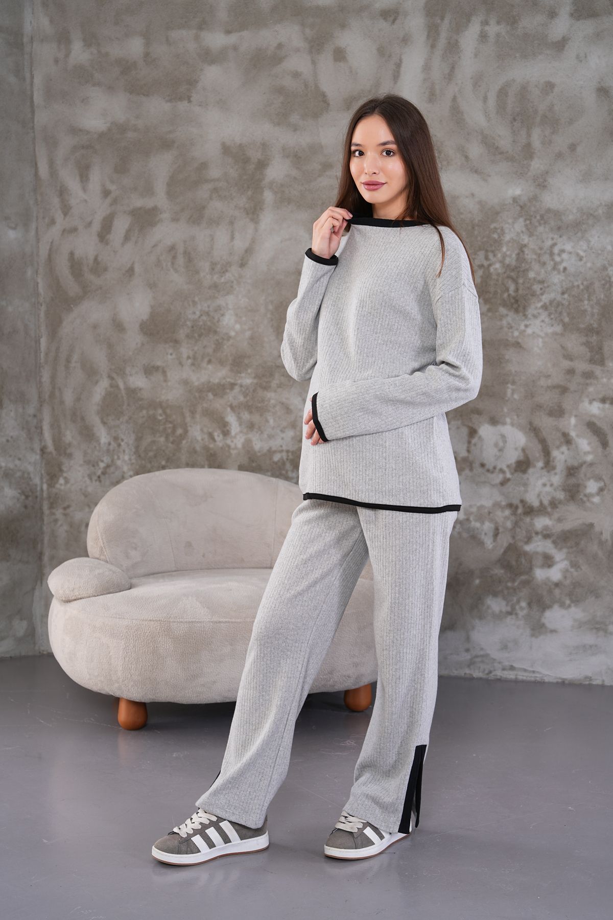 Miss Dünya Lissa-Maternity and Maternity Neck and Leg Stripe Soft Fabric Long Sleeve Tracksuit Set 1