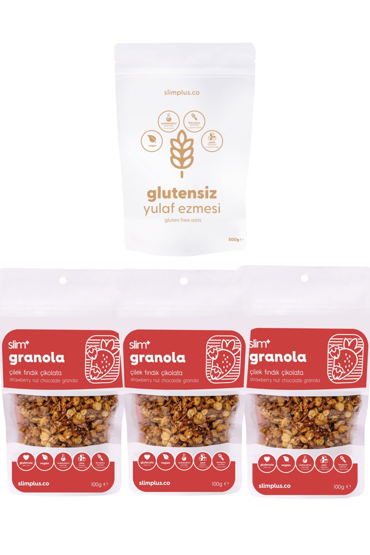 slimplus 3 Paket Çikolata Çilek Fındık Glutensiz Şekersiz Vegan Granola 100G ve 500G Yulaf Ezmesi Paketi