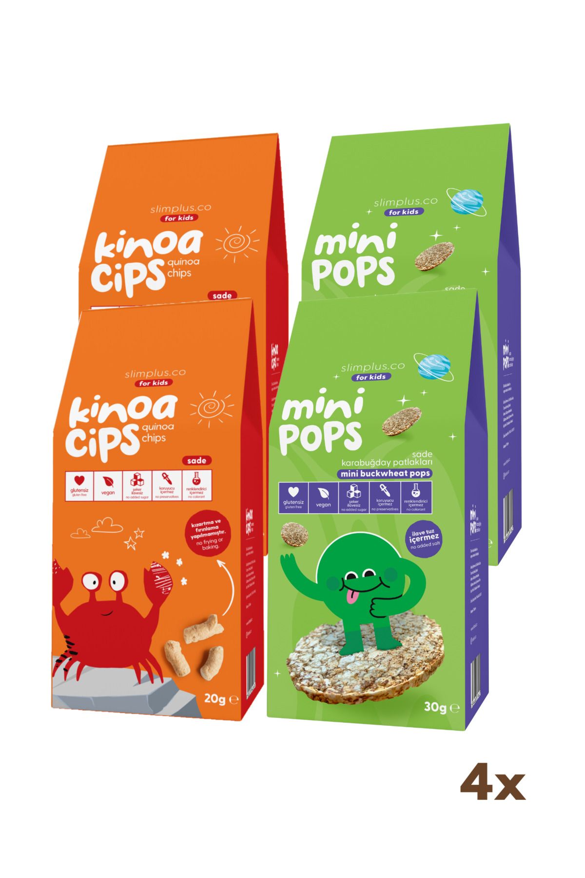 slimplus 4 Paket 20G Sade Kinoa Cipsi for Kids Neşeli Yengeç ve 30G Mini Pops Karabuğday Patlakları