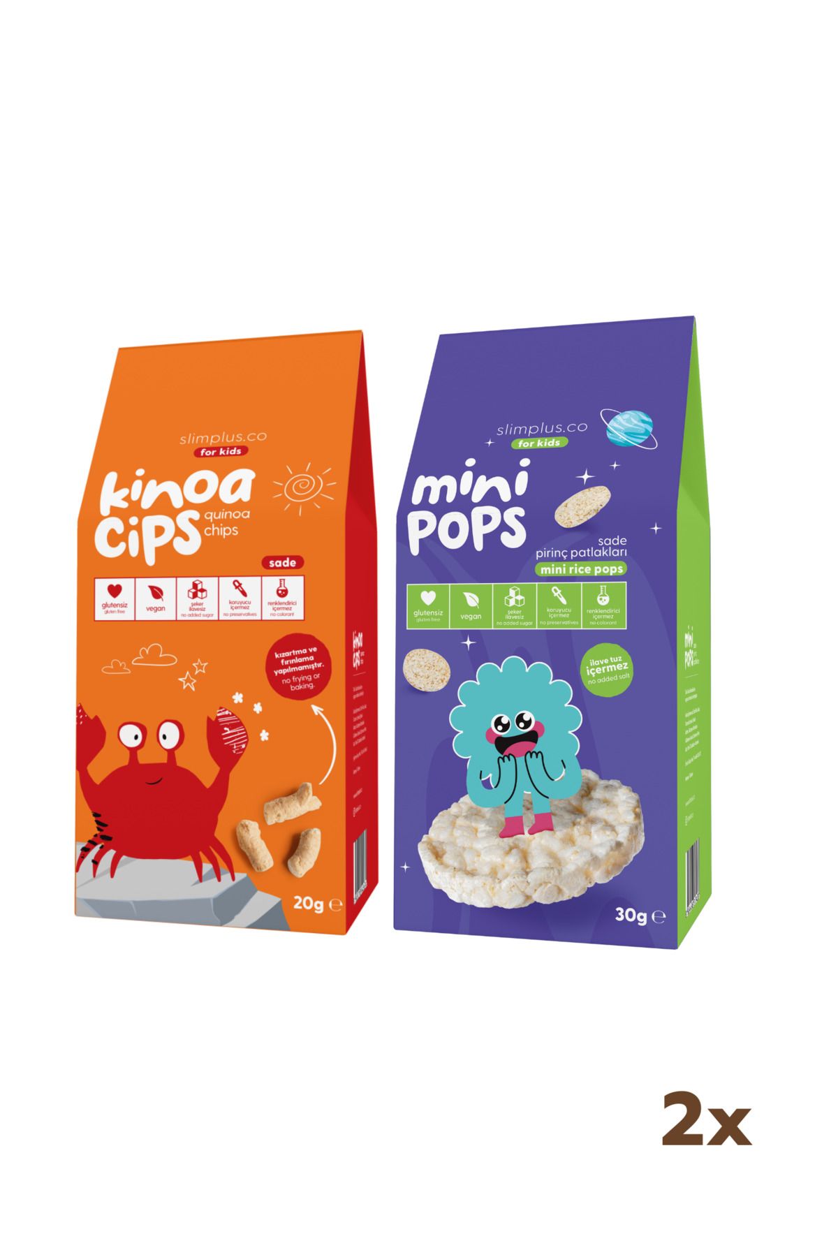 slimplus 20G Sade Kinoa Cipsi for Kids Neşeli Yengeç ve 30G Mini Pops Pirinç Patlakları