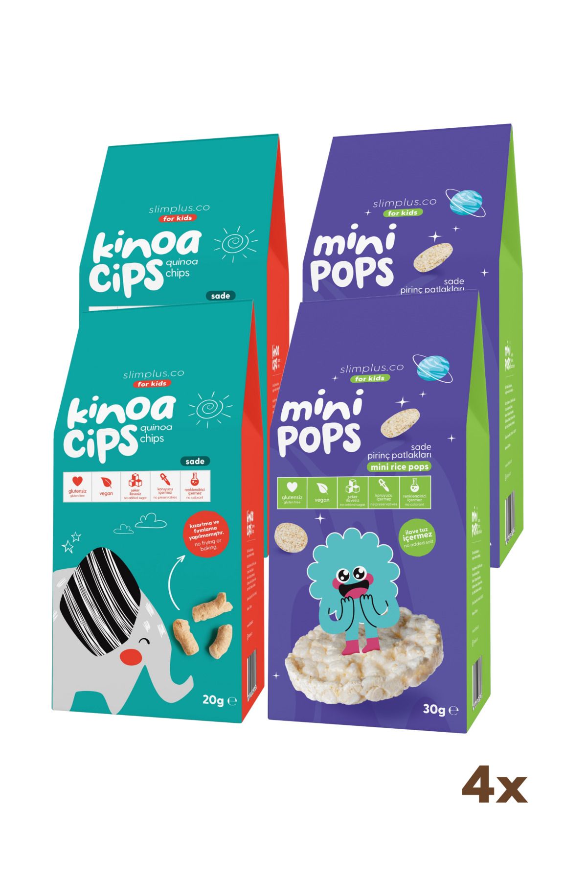 slimplus 4'lü Paket 20G Sade Kinoa Cipsi for Kids Tatlı Fil ve 30G Mini Pops Pirinç Patlakları