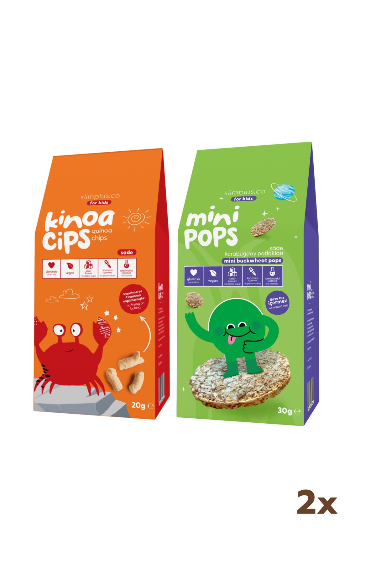 slimplus 20G Sade Kinoa Cipsi for Kids Neşeli Yengeç ve 30G Mini Pops Karabuğday Patlakları