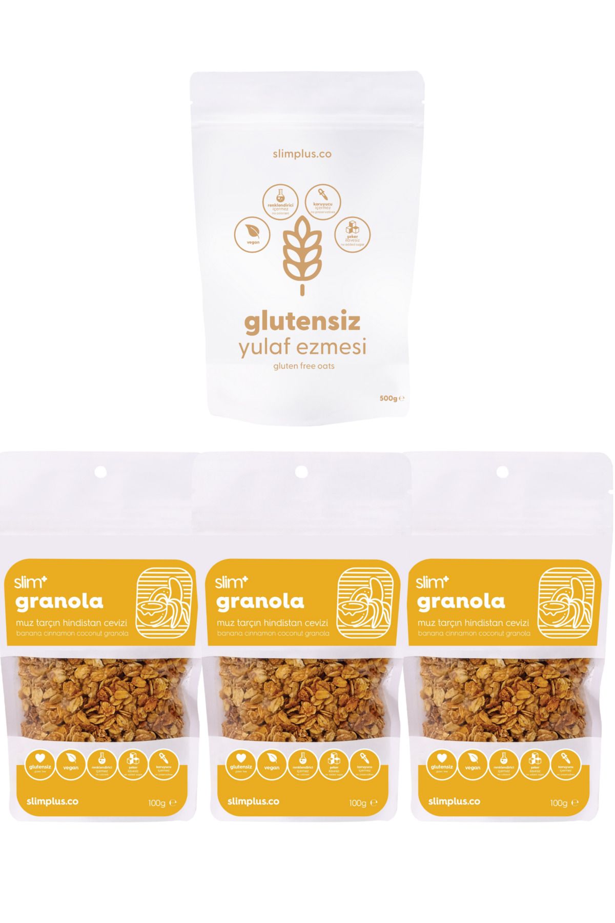 slimplus 3 Paket Muz Tarçın Hindistan Cevizi Glutensiz Vegan 100G Granola ve 500G Yulaf Ezmesi Paketi