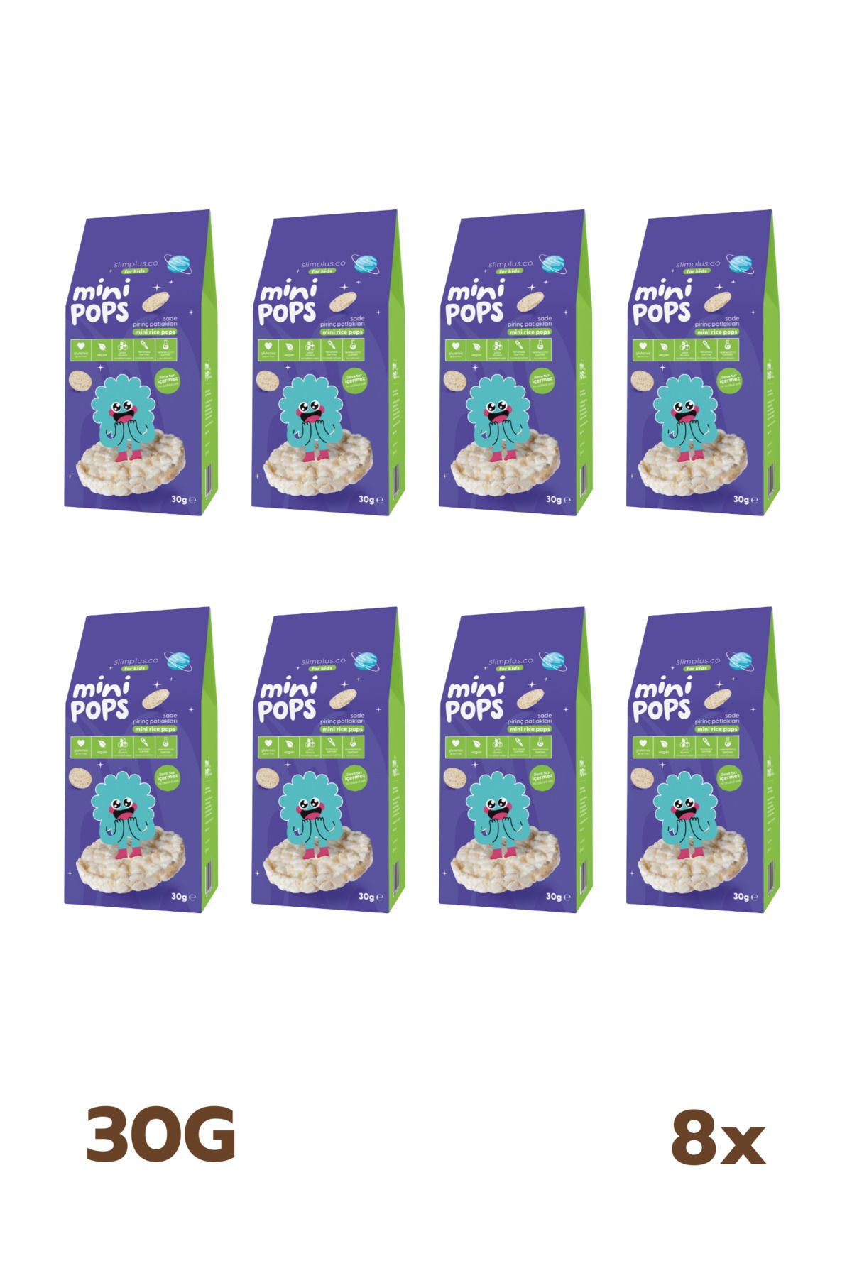 slimplus 8 Paket Mini Pops Atıştırmalık Pirinç Patlakları 30G