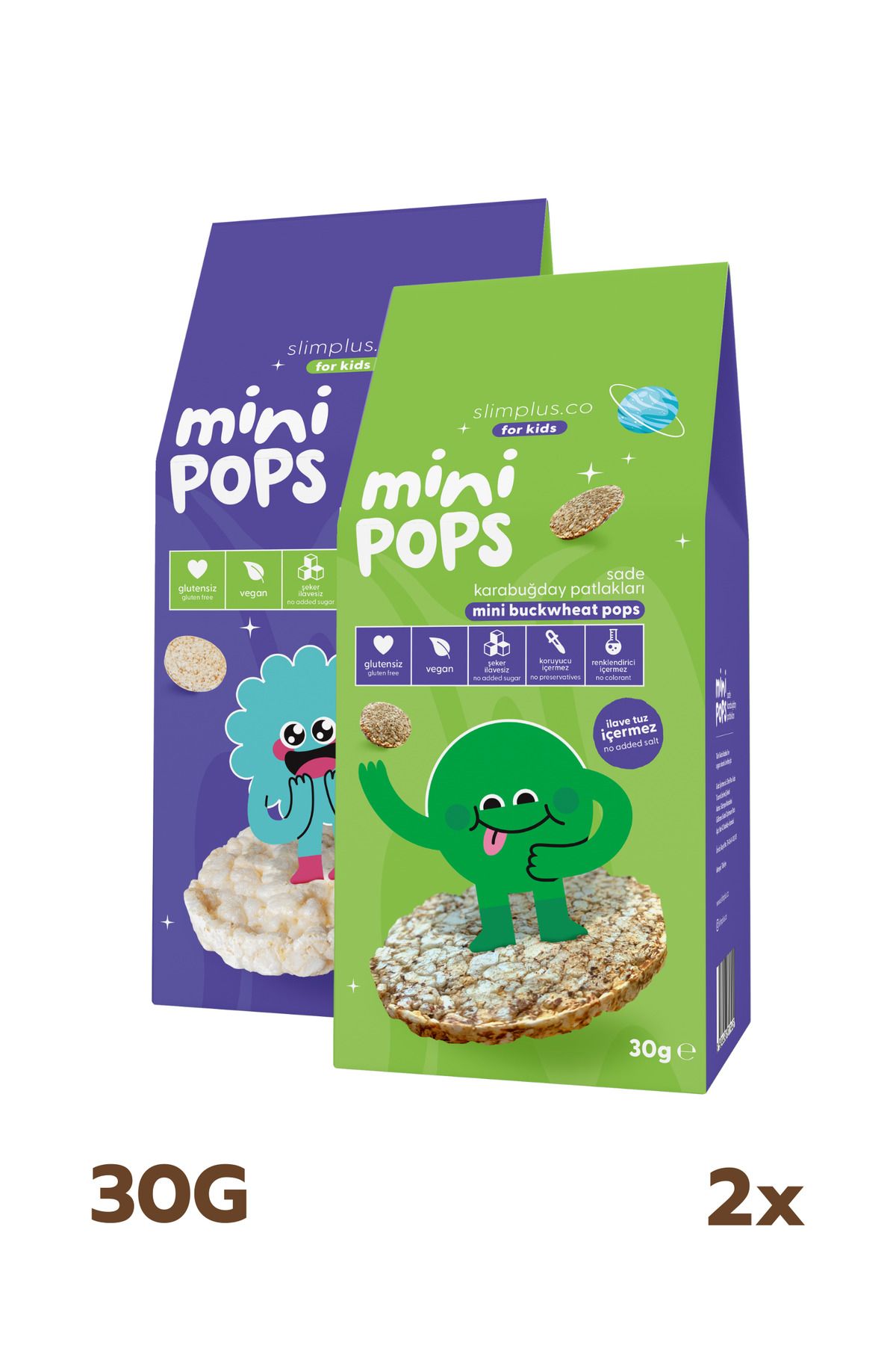 slimplus 2\'li Paket Mini Pops Pirinç Patlakları ve Mini Pops Karabuğday Patlakları 30G