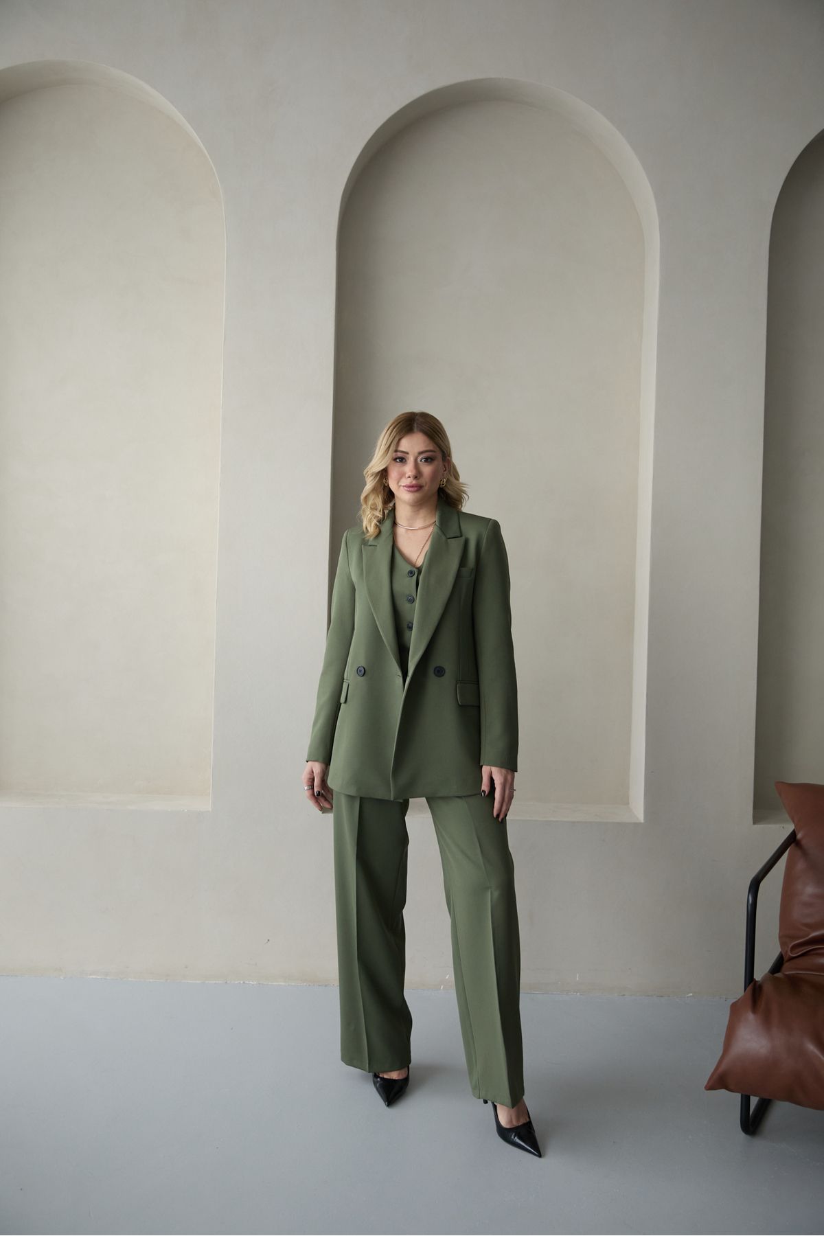 HOEK-Femei Kaki Blazer Jachetă Vestă Palazzo Pantaloni Costum 6