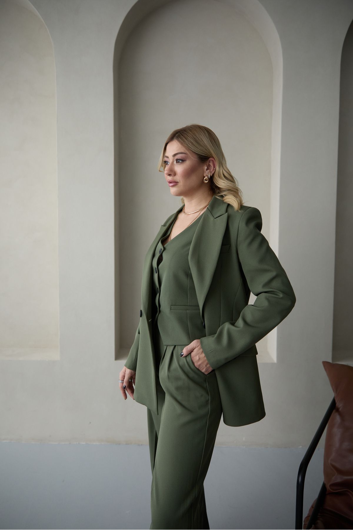 HOEK-Femei Kaki Blazer Jachetă Vestă Palazzo Pantaloni Costum 4