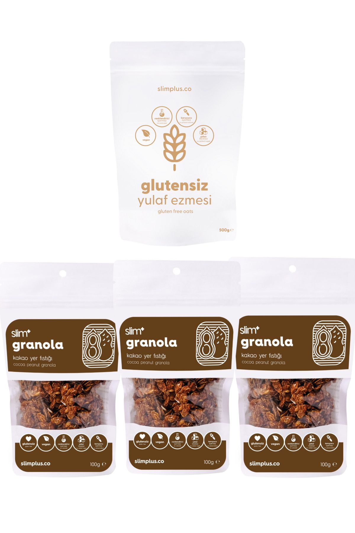 slimplus 3 Paket Kakao Yer Fıstığı Glutensiz İlave Şekersiz Vegan 100G Granola ve 500G Yulaf Ezmesi Paketi