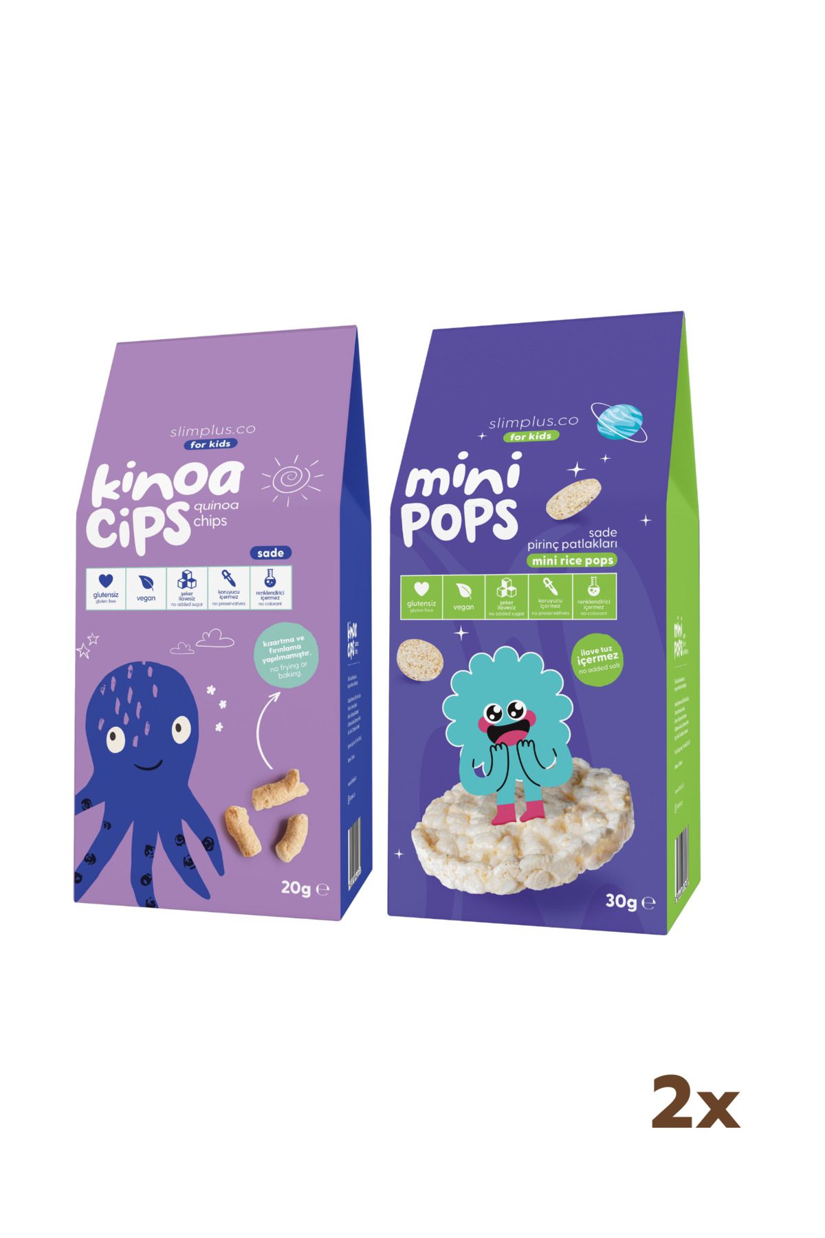 slimplus 20G Sade Kinoa Cipsi for Kids Bebek Ahtapot ve 30G Mini Pops Pirinç Patlakları