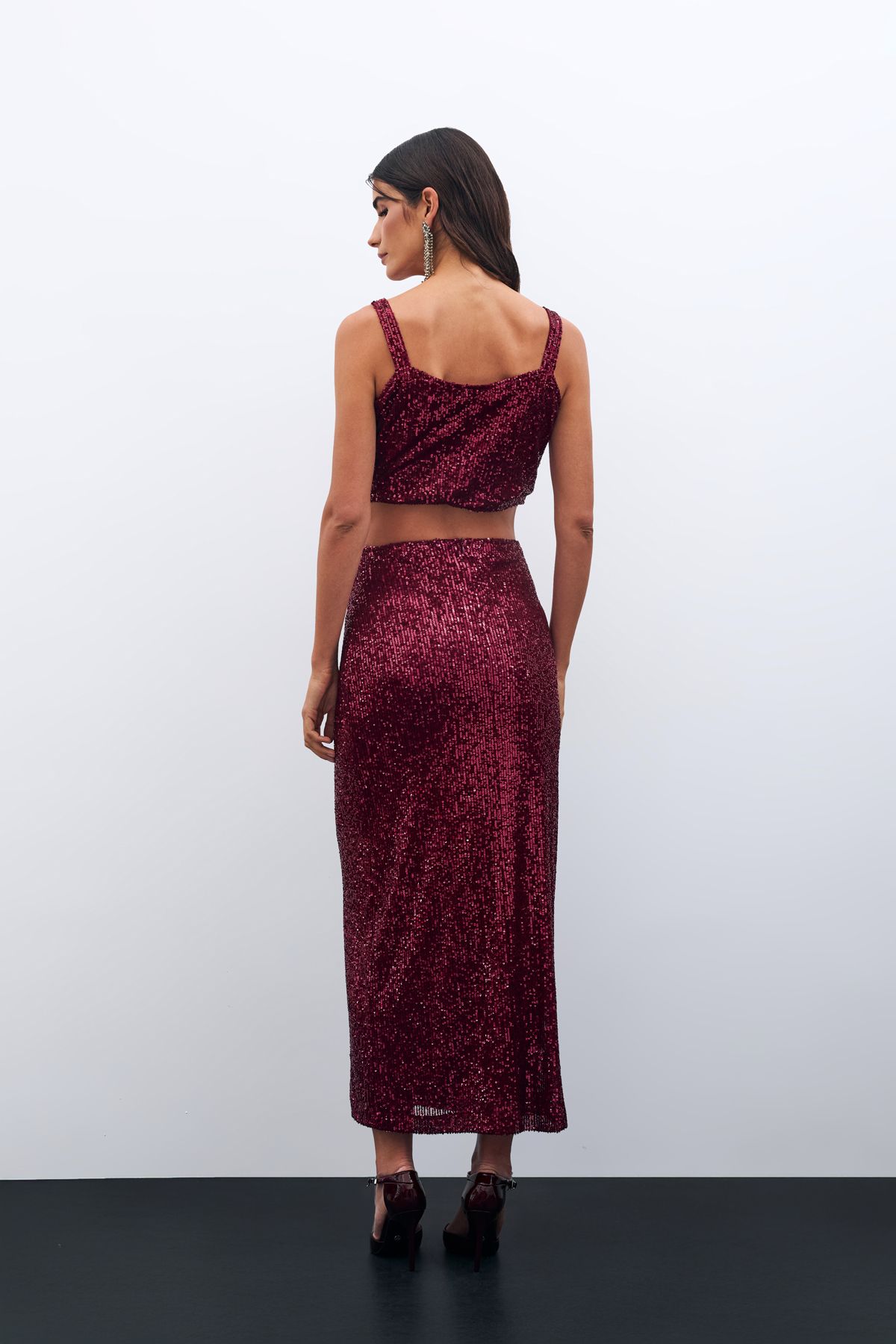 Sateen-Bluză cu paiete crop burgundy 8