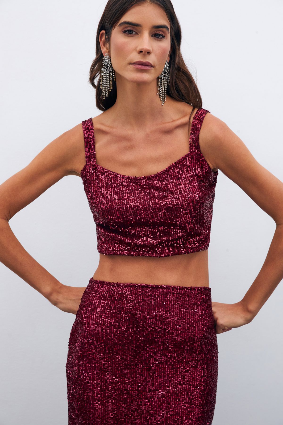 Sateen-Bluză cu paiete crop burgundy 3