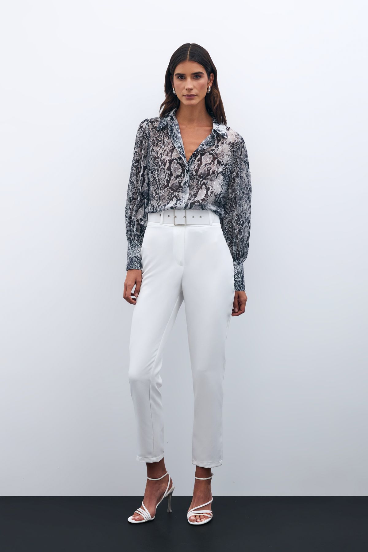 Sateen-Pantaloni cu brâu cu talie înaltă - EKRU 4